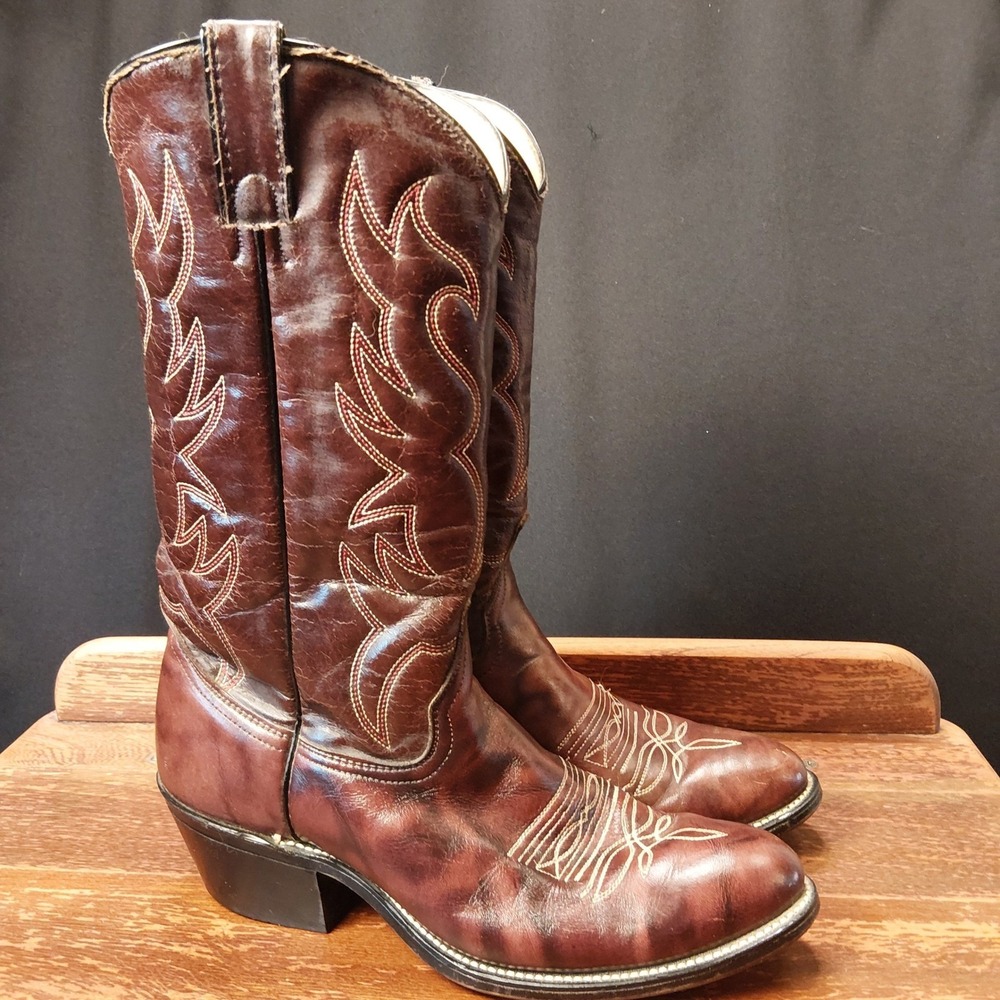 Vintage Mens Brown Leather Western Cowboy Boots Made in USA 3005 8.5D